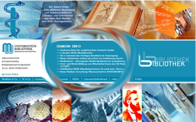Abbildung 1: Webpage der Universitätsbibliothek der Medizinischen Universität Wien mit Weblog UbMUW-INFO