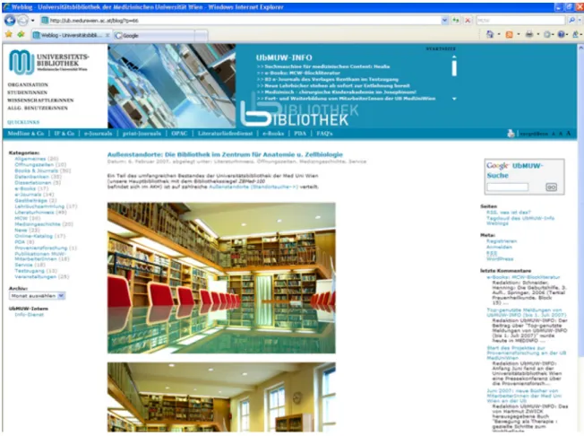 Abbildung 3: Weblog-Beitrag in UbMUW-INFO zum Thema „Außenstandorte: Die Bibliothek im Zentrum für Anatomie u.