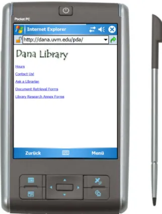 Abbildung 3: Der AvantGO-Informationskanal der Dana Medical Library auf einem PocketPC