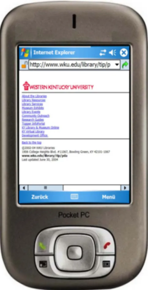 Abbildung 4: PDA-freundliche Internetseiten auf einem PocketPC. Die Bibliothek der Western Kentucky University betreibt ein Bibliotheksportal, speziell gestaltet für kleine Bildschirme