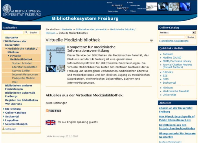 Abbildung 1: Das Fachportal der Virtuellen Medizinbibliothek Freiburg http://www3.ub.uni-freiburg.de/index.php?id=virlibmed