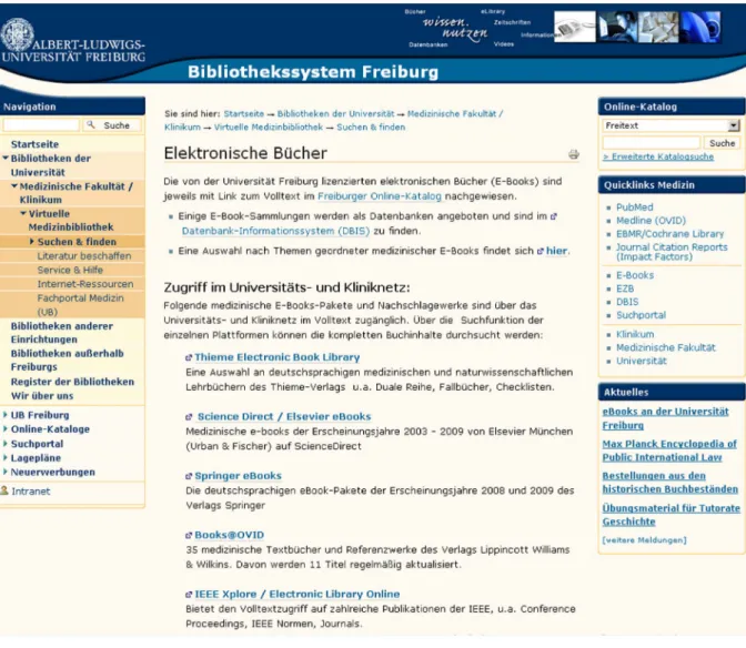 Abbildung 2: Die medizinischen E-Books im Angebot der Virtuellen Medizinbibliothek (Ausschnitt) http://www3.ub.uni-freiburg.de/?id=3053