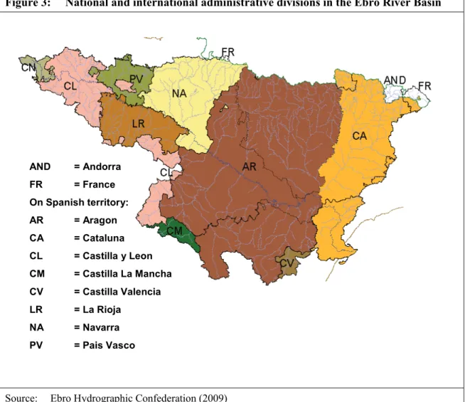 Figure 3:  National and international administrative divisions in the Ebro River Basin  