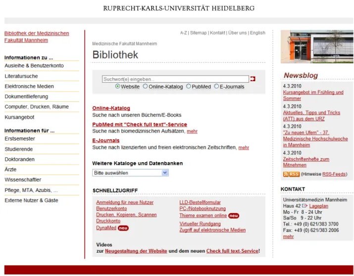 Abbildung 9: Die Homepage der Bibliothek der Medizinischen Fakultät Mannheim März 2010