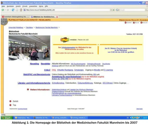 Abbildung 1: Die Homepage der Bibliothek der Medizinischen Fakultät Mannheim bis 2007