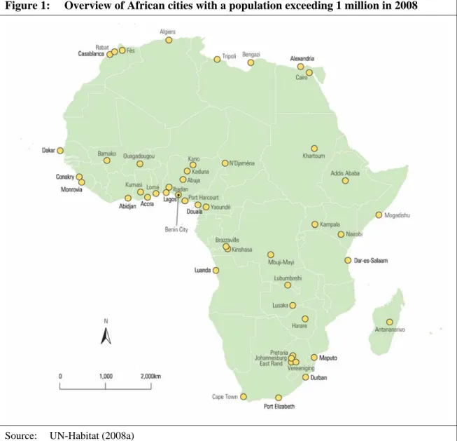 Figure 1:  Overview of African cities with a population exceeding 1 million in 2008 