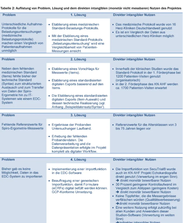 Tabelle 2: Auflistung von Problem, Lösung und dem direkten intangiblen (monetär nicht messbaren) Nutzen des Projektes
