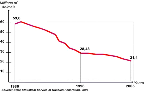Figure 1: Livestock Population in Russia from 1986 to 2005  60 50 40 30 20 10605040302010 1986 1998 2005 21,428,4859,6Millions of Animals Years