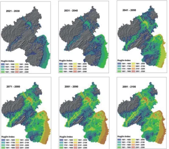 Abbildung 3 zeigt die räumliche Entwicklung des  Huglin-Index in Rheinland-Pfalz bei Annahme der  Klimaprojektion WETTREG2006 A1B-trocken