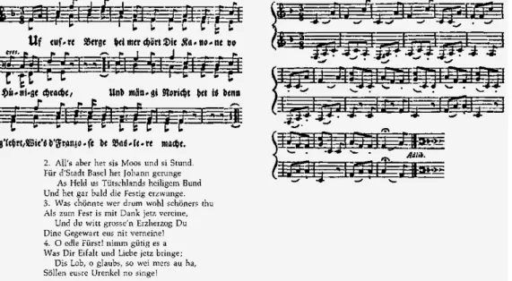 Abb. 11: Lied Uf eusre Berge (links, Suppan 1982: 96) mit einem Alphornzwischenspiel  (rechts, Suppan 1982: 97), aufgeführt am Erzherzog-Johann-Fest in Basel 1815.
