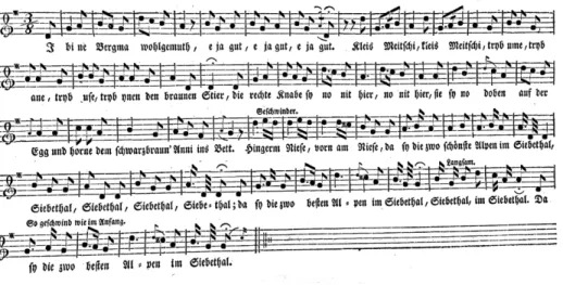 Abb. 14: Der Kühreihen der Siebenthaler (Wagner 1805b: 7) enthält mit Ausnahme des  fis 1  ausschliesslich Töne der Naturtonreihe.
