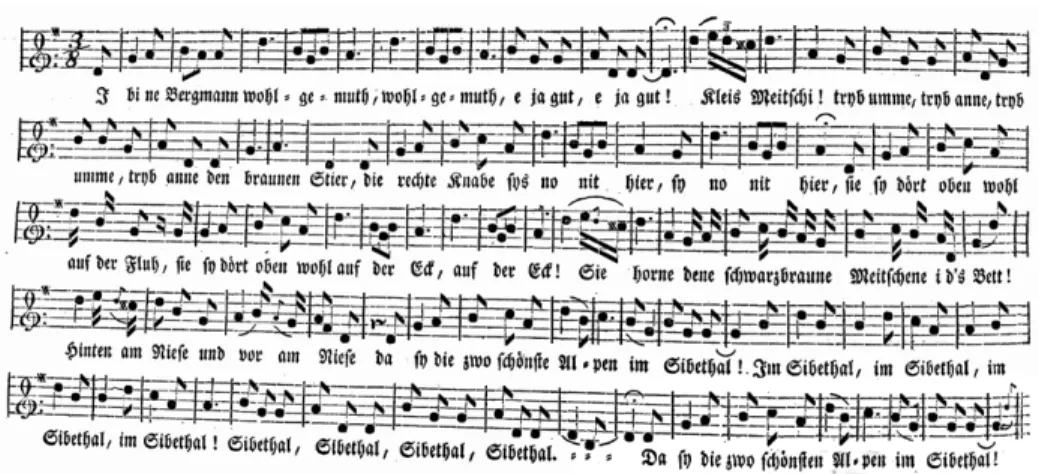 Abb. 15: Kühreihen der Siebenthaler. Andere Melodie (Wagner 1805b: 8). Diese Version  baut gänzlich auf der Naturtonreihe auf.