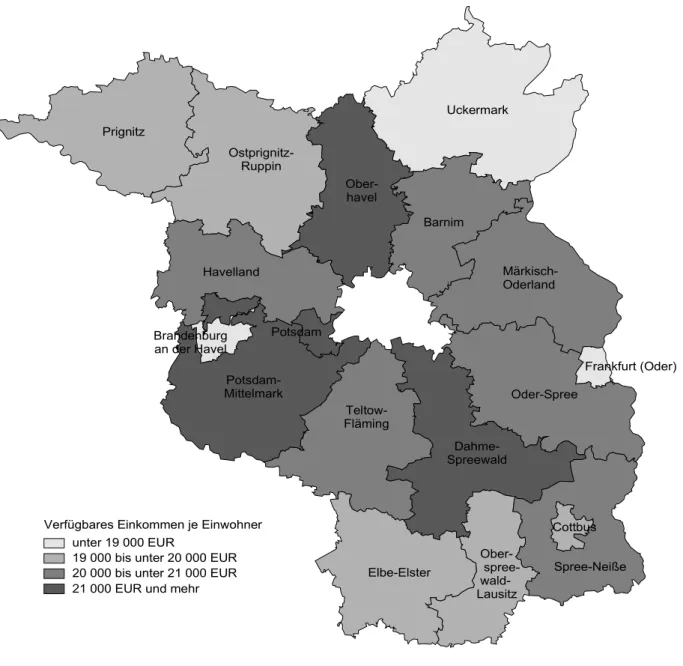 Grafik 1: Verfügbares Einkommen der privaten Haushalte je Einwohner                  in den kreisfreien Städten und Landkreisen Brandenburgs 2018 