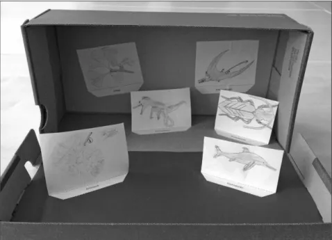 Abb. 1  Schuhkarton als Diorama der Trias-Zeit. Einfache Variante mit ausgeschnittenen   Zeichnungen und farbigen Pappen zur Darstellung von Wasser und Luftraum