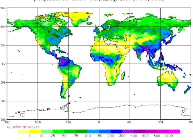 Abbildung 3b :  Über die Monate Jun-Aug 2009 gemittelte globale Niederschläge in  mm/Monat