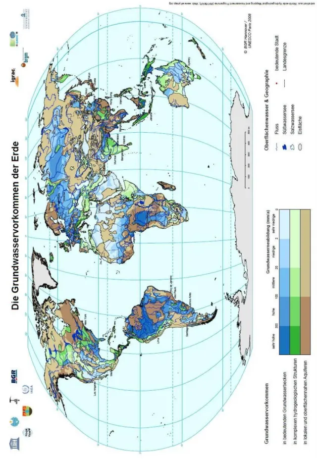 Abbildung 6 :  Weltweite  Grundwasserressourcen  –  Die  bedeutenden  Grundwasserbecken  (blau),  komplexe  Grundwasserleiter  (grün)  und  lokale  bzw
