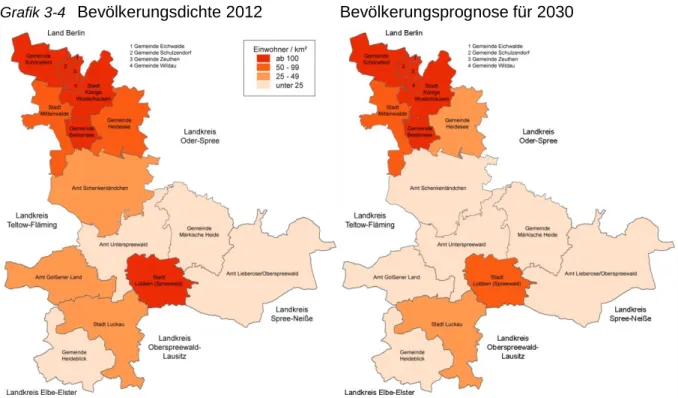 Grafik 3-4   Bevölkerungsdichte 2012  Bevölkerungsprognose für 2030 