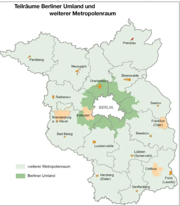Abb. 3    Land Brandenburg mit Darstellung der Teilräume Berliner Umland und weiterer Metropolenraum