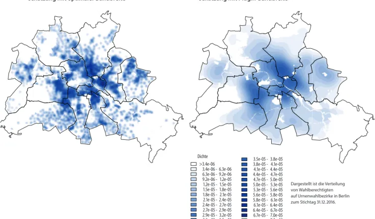 Grafik d zeigt die mittels der wahren Dichte be- be-rechnete naive Kerndichteschätzung mit optimaler  Bandbreite