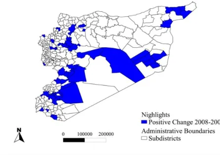 Figure 3: Nightlight Increases and Decreases of Syrian Subdistricts, 2008‒2009 