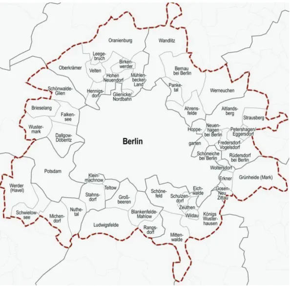 Abbildung 11 zeigt das Berliner Umland aller Landkreise im Land Brandenburg als Umring um Berlin