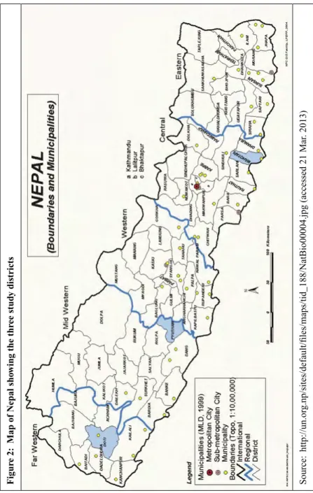 Figure 2:  Map of Nepal showing the three study districts Source: http://un.org.np/sites/default/files/maps/tid_188/NatBio00004.jpg (accessed 21 Mar
