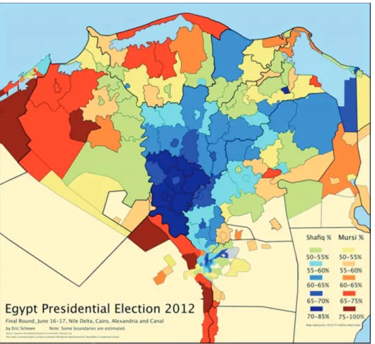 Abbildung 1: Regionale Verteilung der Stimmen bei der Präsidentschaftswahl in Ägypten 2012