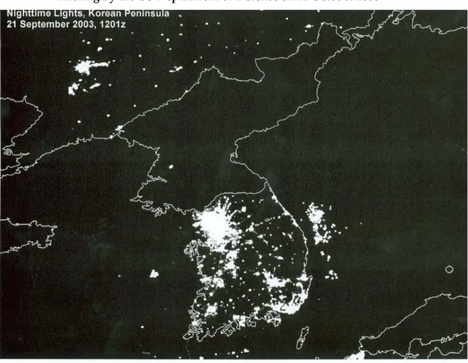 Figure 1:  Satellite Photo Showing the Korean Peninsula by Night, Used During a News  Briefing by the US Department of Defense on 11 October 2006  
