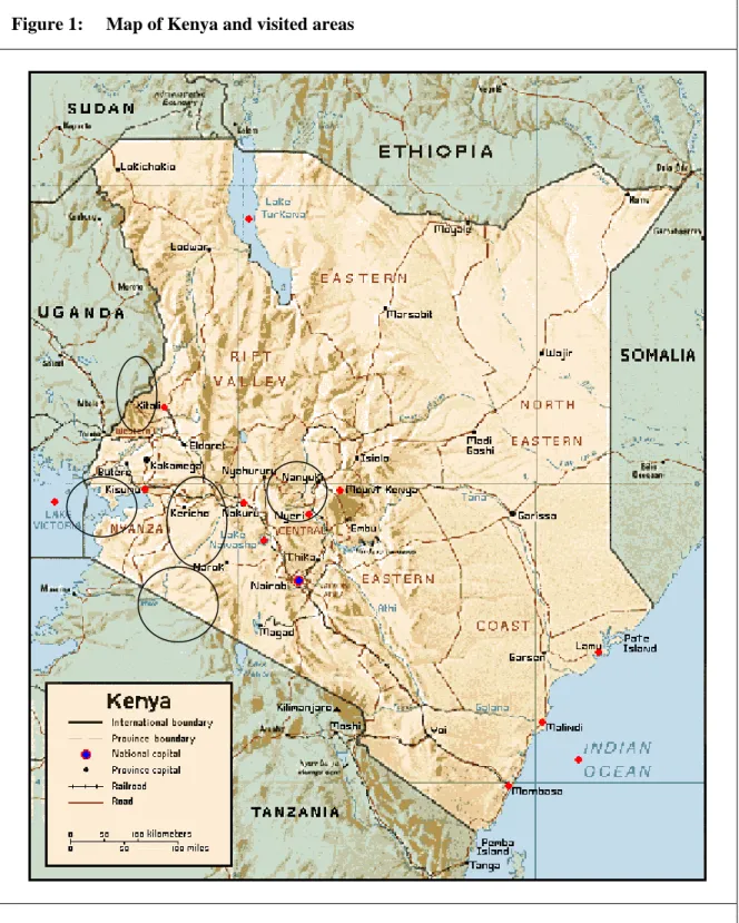 Figure 1:  Map of Kenya and visited areas 