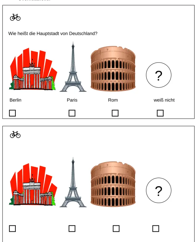 Abbildung 4: Beispielfrage 2 – oben: Interviewerversion, unten: Kinderfragebogen und  Overheadfolie