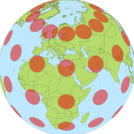 Figure 3: A Mercator projection of the earth including a measure of the distortion known as the “Tissots indicatrix”