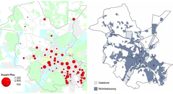 Abb. 2-4  Zugelassene Pkw , Quelle: SteK Verkehr  Abb. 2-5  Siedlungsflächen, Quelle. Potsdam in  Zahlen 