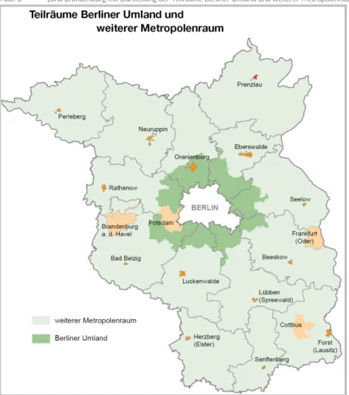Abb. 3    Land Brandenburg mit Darstellung der Teilräume Berliner Umland und weiterer Metropolenraum