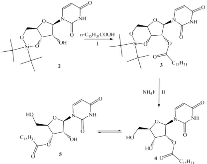 Abbildung 33: Synthese des O2´-Palmitoyluridins: I) 1.5 eq. n-C 15 H 31 COOH, DMAP, Pyridin, 16 h bei RT; 