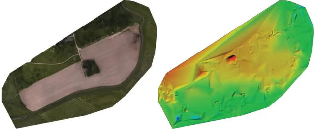 Abbildung 10: Orthomosaik und das digitale Oberflächenmodell vor der Entfernung fehlerhafter  Bildpunkte (Desinfektion), erstellt mit Pix4Dmapper 