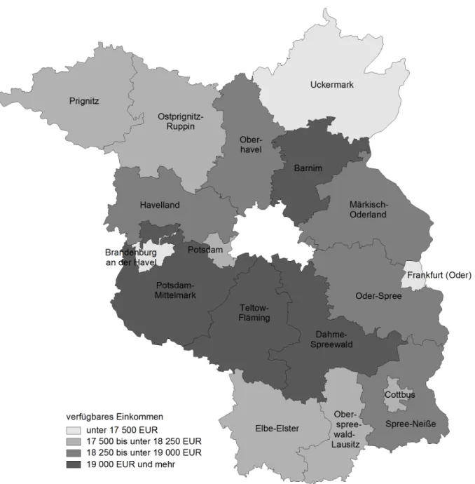 Grafik 1: Verfügbares Einkommen der privaten Haushalte je Einwohner                   in den kreisfreien Städten und Landkreisen Brandenburgs 2014 