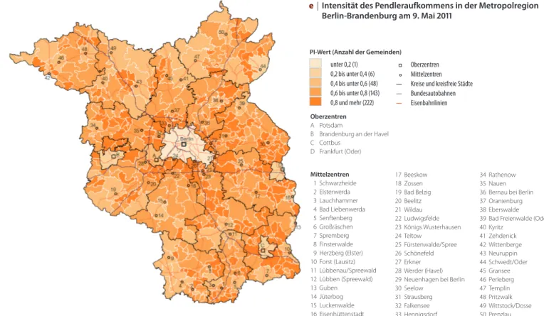 Abbildung e zeigt, dass hohe PI-Werte (ab 0,8) in  den angrenzenden Gemeinden Berlins (Berliner  Um-land) und gehäuft entlang der ins Land führenden  Autobahnen und Bahnverbindungen auftreten