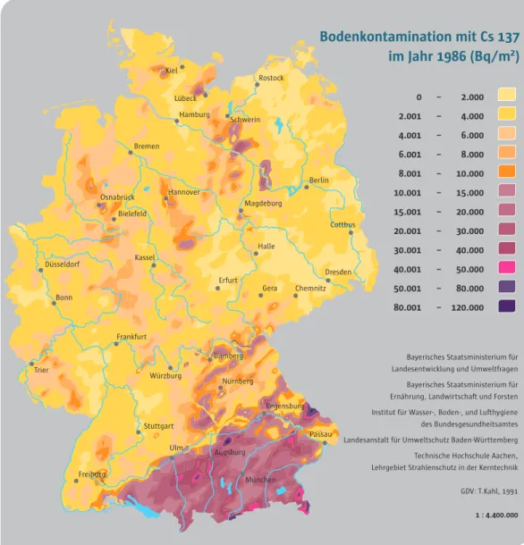 Abb. 12 Bodenkontamination in Deutschland mit  Cs-137 im Jahr 1986 (Bq/m 2 ). Der 