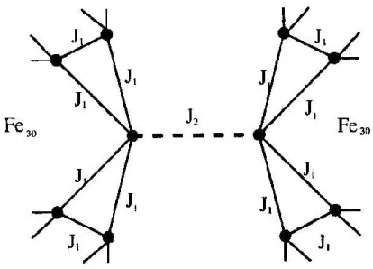 Abbildung 12: Wechselwirkung zwischen zwei {Mo 72 Fe 30 }-Molek¨ ulen. Erkenn- Erkenn-bar ist sowohl die Kopplung innerhalb des Molek¨ uls ¨ uber J 1 sowie die Kopplung beider Molek¨ ule ¨ uber J 2 