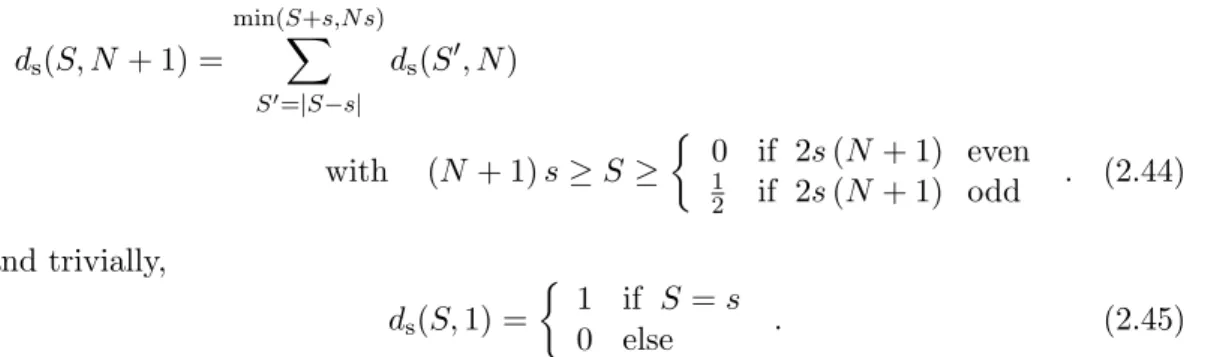 Table 2.1 illustrates the algorithm for the example of coupling four spins s = 3 2 . In order to find the number of paths leading to S 4 = 2, the degeneracy levels of the three-spin system have to be summed from S 3 = | S 4 − s | = 1 2 to S 3 = S 4 + s = 7