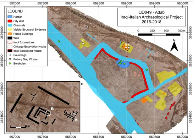 Fig. 6. Preliminary reconstruction of the urban layout and hydraulic landscape around Bismaya/Adab in the ED III   and Akkadian periods (background UAV’s image from taken by the QADIS project).