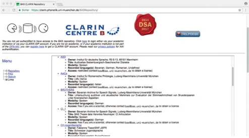 Abb. 8.11: Webseite des BAS Repository mit Sprachdatenbanken (http://clarin.phonetik.