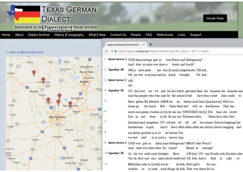 Abb. 7.2: Das Texas German Dialect Archive. Ausschnitt aus der Webseite (screen shot), mit Anzeige der transkribierten Interviews.