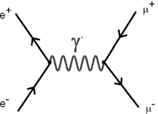 Abbildung 2.3: Beispiel f¨ ur einen Feynmangraphen. Gezeigt ist der Feynmangraph f¨ ur die Reak- Reak-tion e + + e − → µ + µ − in niedrigster Ordnung St¨orungstheorie