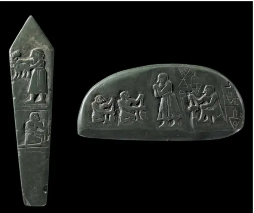 Abb. 8: „Blau’sche Steine“: halbovale Platte und „Obelisk“ (ca. 2900 v. Chr.) (© The Trustees of the  British Museum; Inv