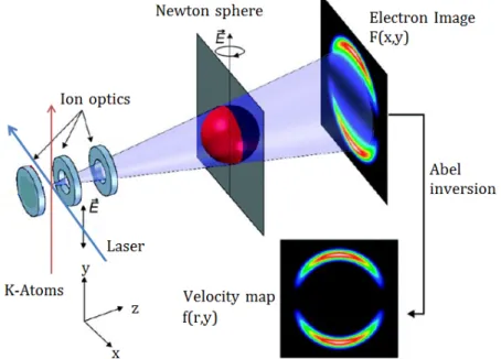 Figure 4: Setup of a VMI Spectrometer: A laser ionizes atoms located between the electrodes.