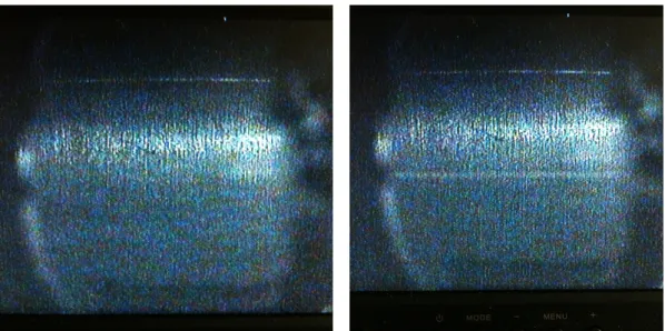 Figure 14: On the left: Laser detuned from correct frequency, no fluorescence signal. On the right: Laser tuned to the correct frequency, visible fluorescence signal.