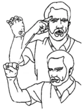 Figure 9. British Sign Language sign for ‘understand’ based on the visual meta- meta-phor combining (1) THINK and (2) GRASP (Brennan 1990b: 225)