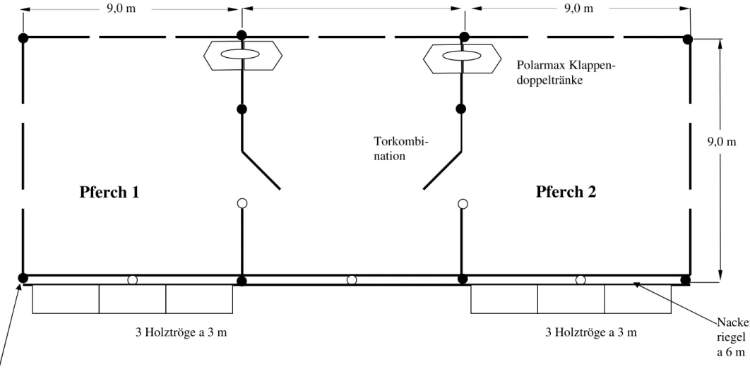 Abbildung 2:  Standausrüstung für Freilandmastversuch     9,0 m  Pferch 1  Pferch 2  Polarmax Klappen-doppeltränke Torkombi-nation  3 Holztröge a 3 m  Pfosten mit 