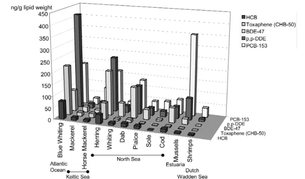 Fig.  2 Contaminant  profile  of  fish,  mussels  and  shrimp  caught  in  2000  in  different  waters  (pooled  samples  of 25 animals each).